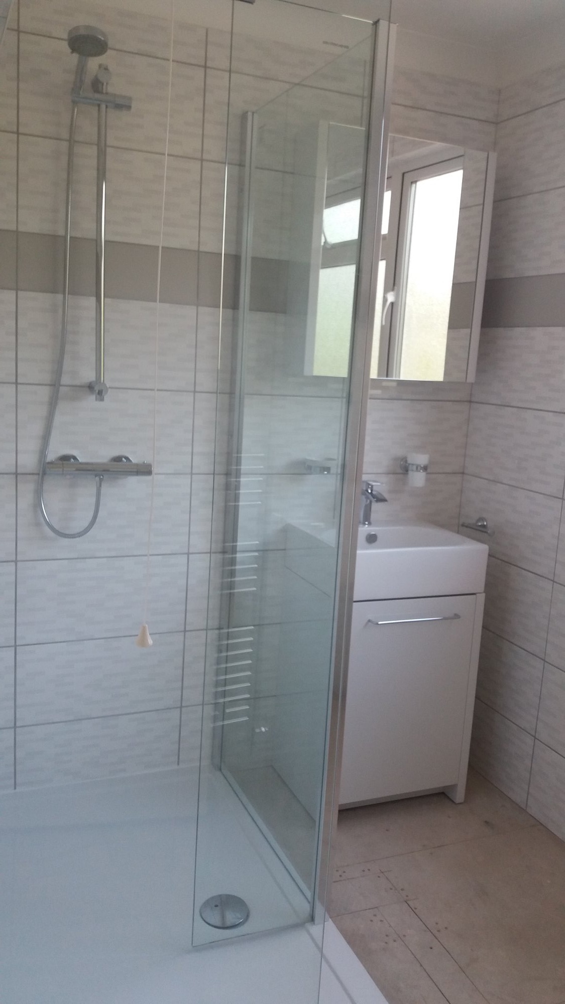 Walk-in shower with glass panel
